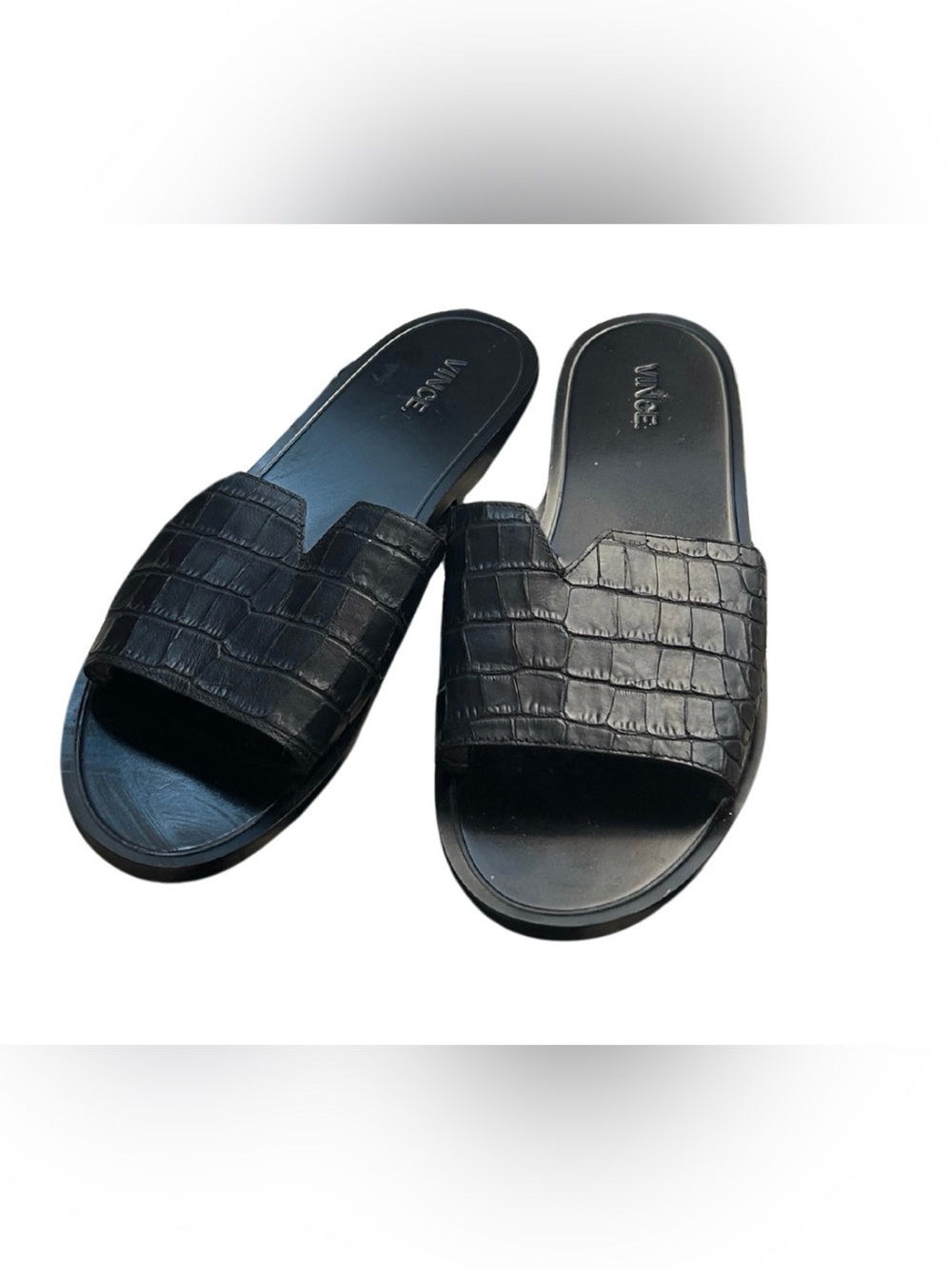Vince Croc Embossed Leather Notch Slide Sandals | Black | Size 10